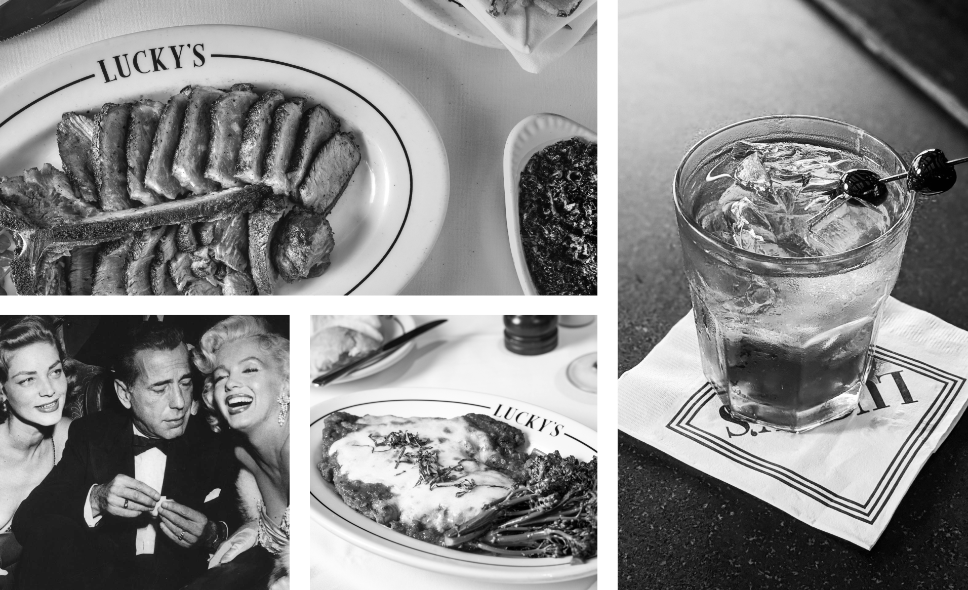 A collage of black and white photographs showing food and drinks Top left: a plate of fried fish and chips with tartar sauce. Top right: a glass of ice water with a cherry cocktail stirrer resting on a napkin. Bottom left: a vintage photo of a man in a tuxedo surrounded by women at a social event. Bottom right: a plate of shrimp and cheesy bread.